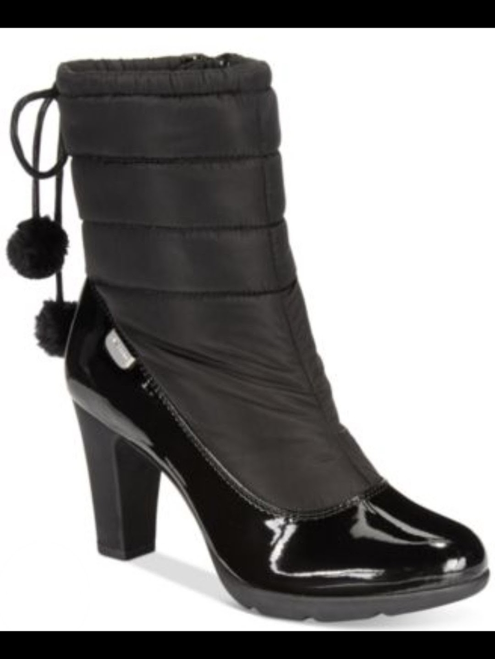 Anne Klein EXHALE Black Quilted Mid-Calf Pom-Pom Patent Toe Heeled Boot